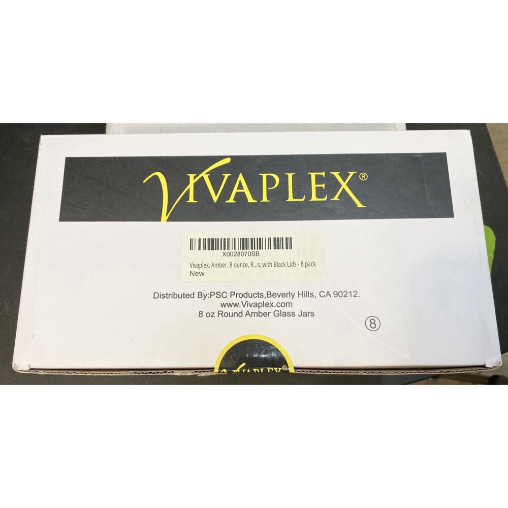 Vivaplex 8oz Amber Glass Jars – Set of 8 w/ Smooth Black Lids (Brand New) - Picture 4 of 4